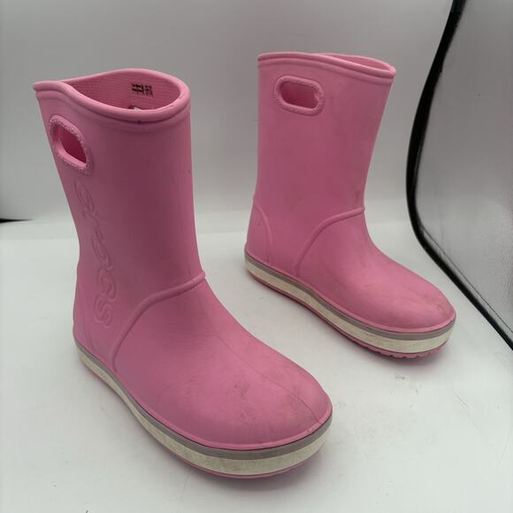 CROCS Other - Crocs Rain Boots Big Girls Youth Size J 3 Pink Pull On Handles